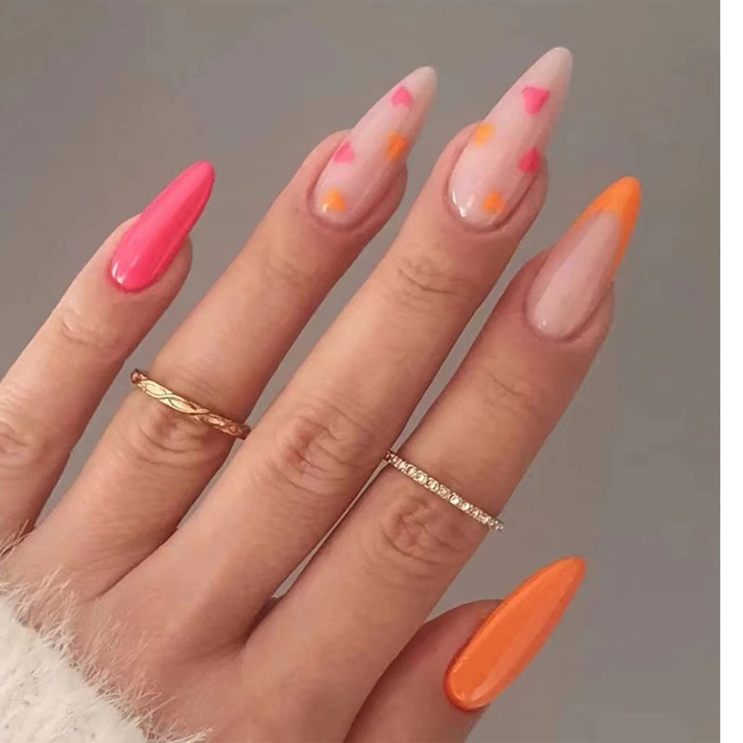 SINHOT French Tip Round Press on Naills Medium Fake Nails Heart Glue on Nails Orange Glossy False Nail Full Cover Oval Acrylic Nail for Women & Girls 24Pcs