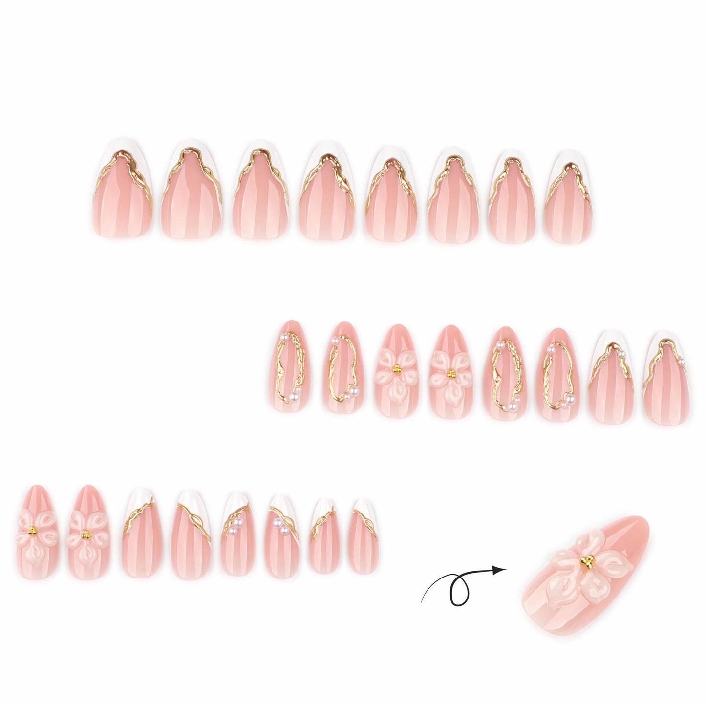 CTTHNBD Medium Press on Nails Almond - White French Tip Fake Nails with Flower Design - Gold Stripes Stick on False Nails - for Women 24 Pcs