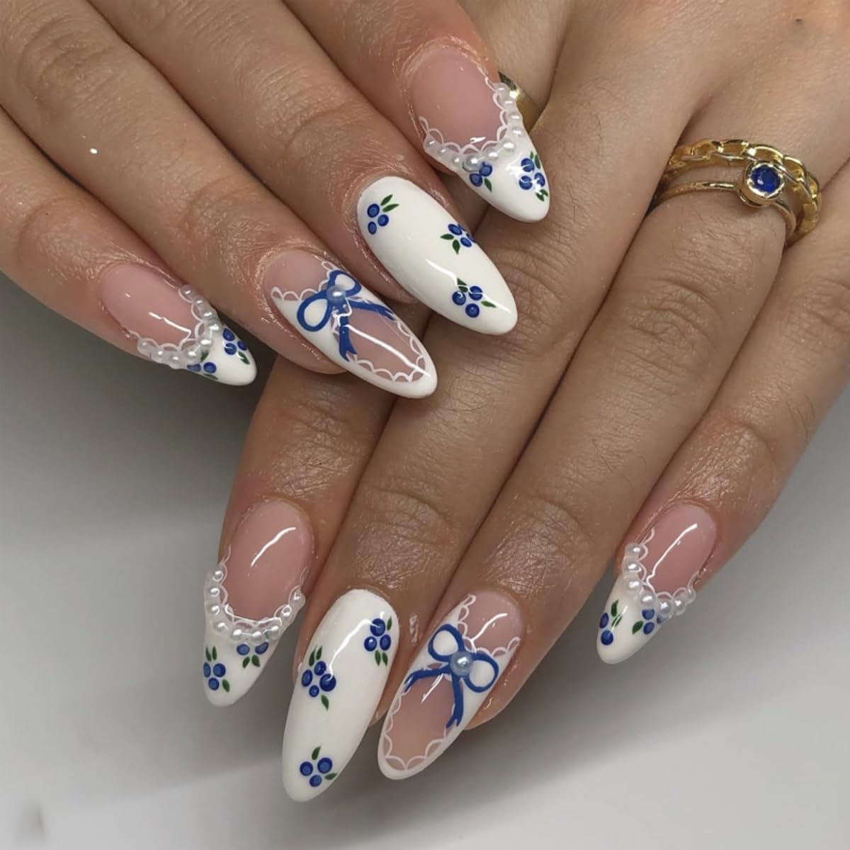 Press On Nails Medium Almond Shape – 24PCS Blue Bow French Tip Fake Nails with Pearl Accents, Floral Lace Design, Reusable Medium Length False Nails for Women, DIY Manicure