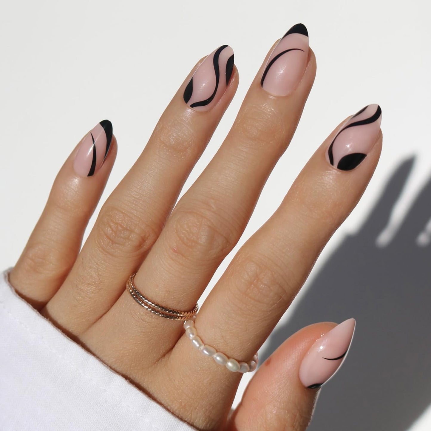 Glamnetic Press On Nails - Ink Wave | Short Almond Fake Nails with a Sheer Base, Black Swirl Designs in a Glossy Finish, Salon Quality | 15 Sizes - 30 Nail Kit with Glue