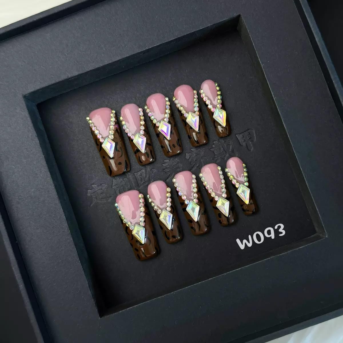 Diamond Press on Nails Handmade Long Coffin Fake Nails Fall False Nail Brown Leopard French tip Glue on Nail Rhinestone Stick on Nail Reusable Handmade Nails for Women Manicure Size M