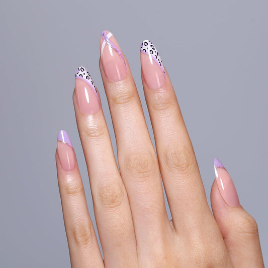 Goolich Milky Pink Press On Nails Medium Almond,Lilac Leopard French Tip Nails Press ons Set with Adhesive Tabs, 24 Pcs 12 Size Reusable Full Cover Glue on Nails for Women