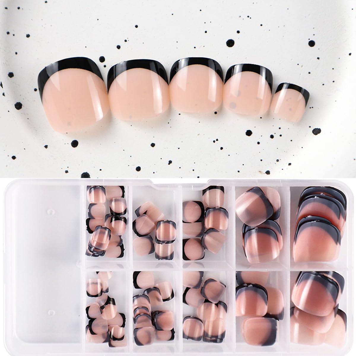 120Pcs Black French Tip Press on Toenails Black French Press ons Toe Nails Short Square Full Cover Glossy Acrylic Toenails Nude False Toes Nail Tips for Women Girls Foot Manicure