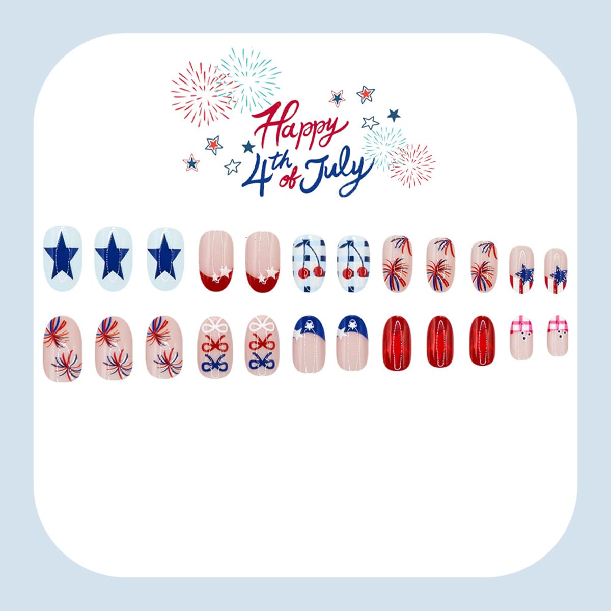 24 Pcs Independence Day Press on Nails Short Almond WLGDLH July 4th Fake Nails, French Tip False Nails with Star Bow Fireworks Design, Short Oval Glue on Nails for Women Manicure, Glossy Finish