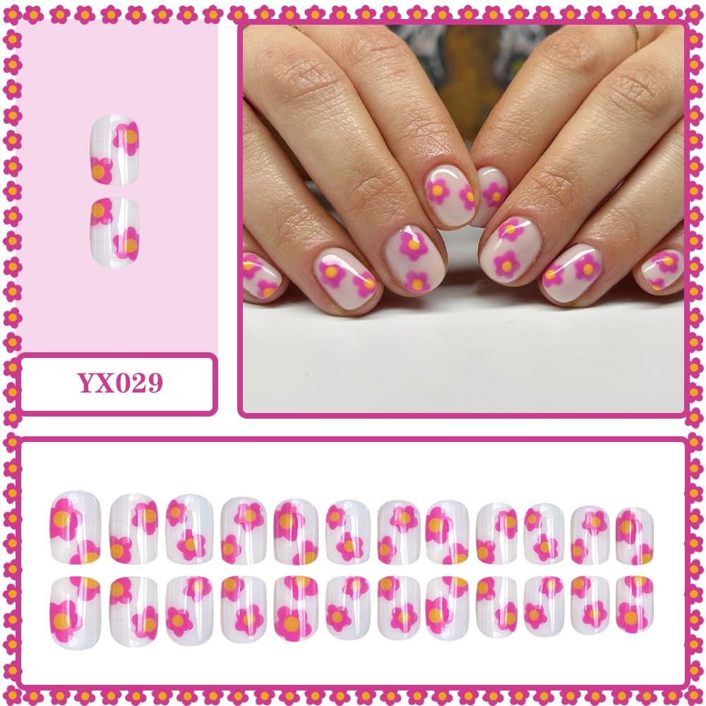 Flower Press on Nails Short Square Fake Nails with Rose Pink Floral Design Glossy Skin Tones Glue on Nails Daisy Nails Press ons Reusable Full Cover Spring Acrylic Nails for Women Manicure 24Pcs