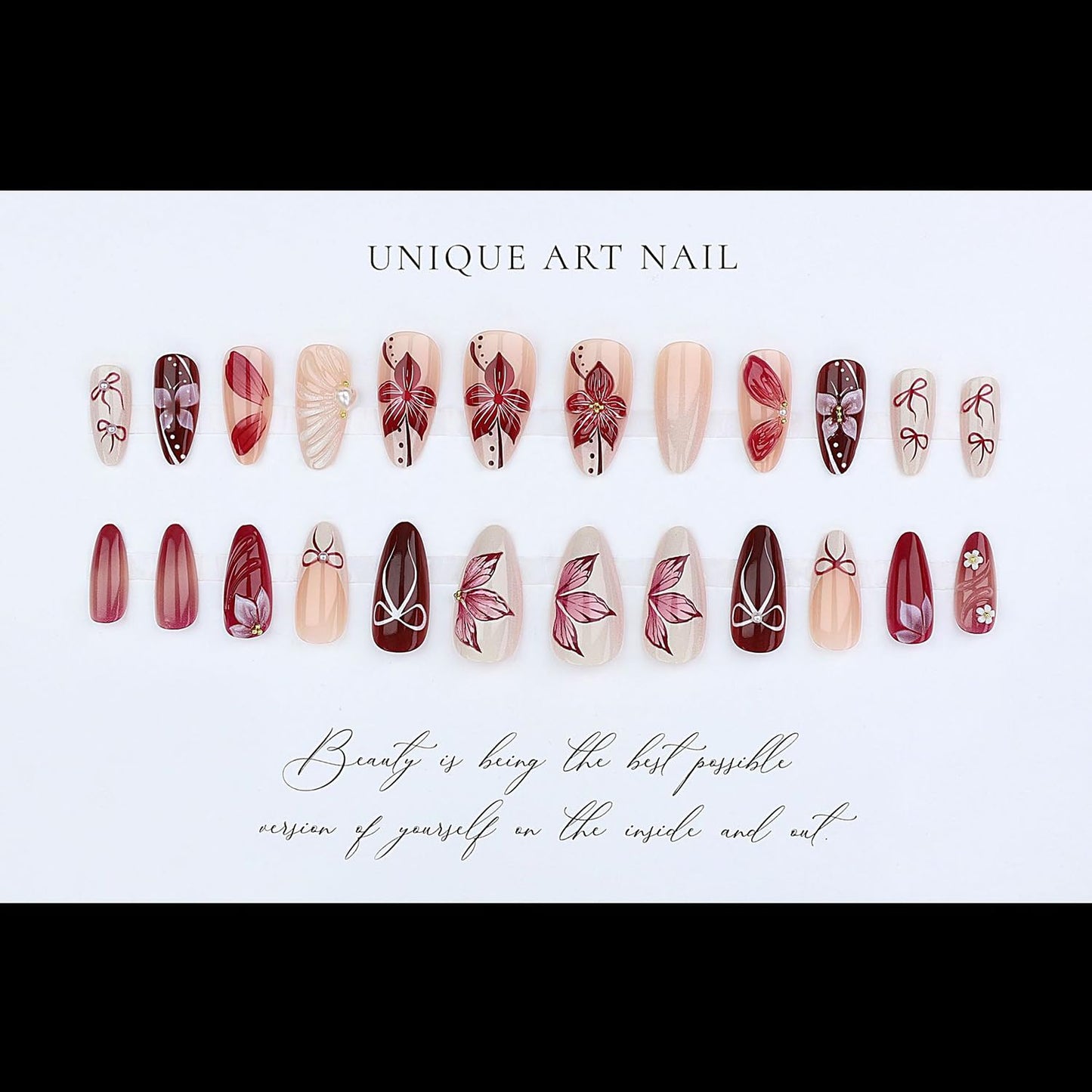 Almond Press On Nails Medium Flower Fake Nails Bow Nails Press Ons With Pearls Designs French Acrylic Nail Spring Summer Glossy Glue On Nails For Women Girls Nail Accessories 24Pcs