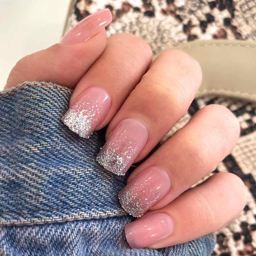 NEUTRAL BADDIE Press-On Nails by Lavaa Beauty | Short Square Press-On Nails | Glitter French Tip on Nude/Pink Base