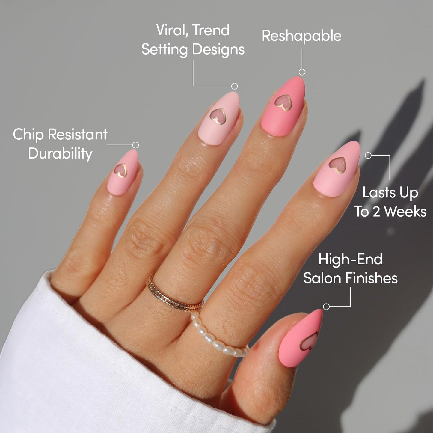 Glamnetic Press On Nails - Matte in Love | Short Almond Fake Nails in Mixed Pink Tones, Metallic Gold Heart in Matte Finish | 15 Sizes - 30 Nail Kit with Glue