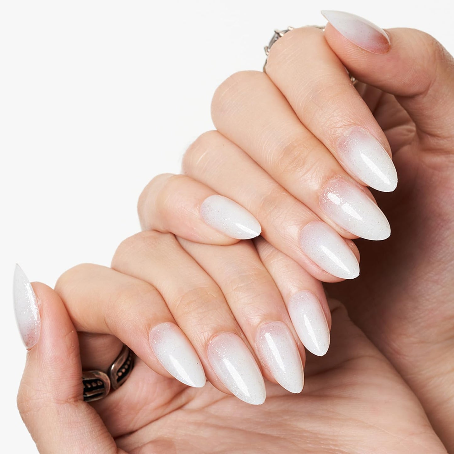 GLAMERMAID Nude Pink Press On Nails Short Almond, Handmade Jelly Soft Gel Nails Round Oval Fake Nails, Translucence Milk White Gel Nails Short Oval Natural Pure Medium Stiletto Stick Glue on Nails