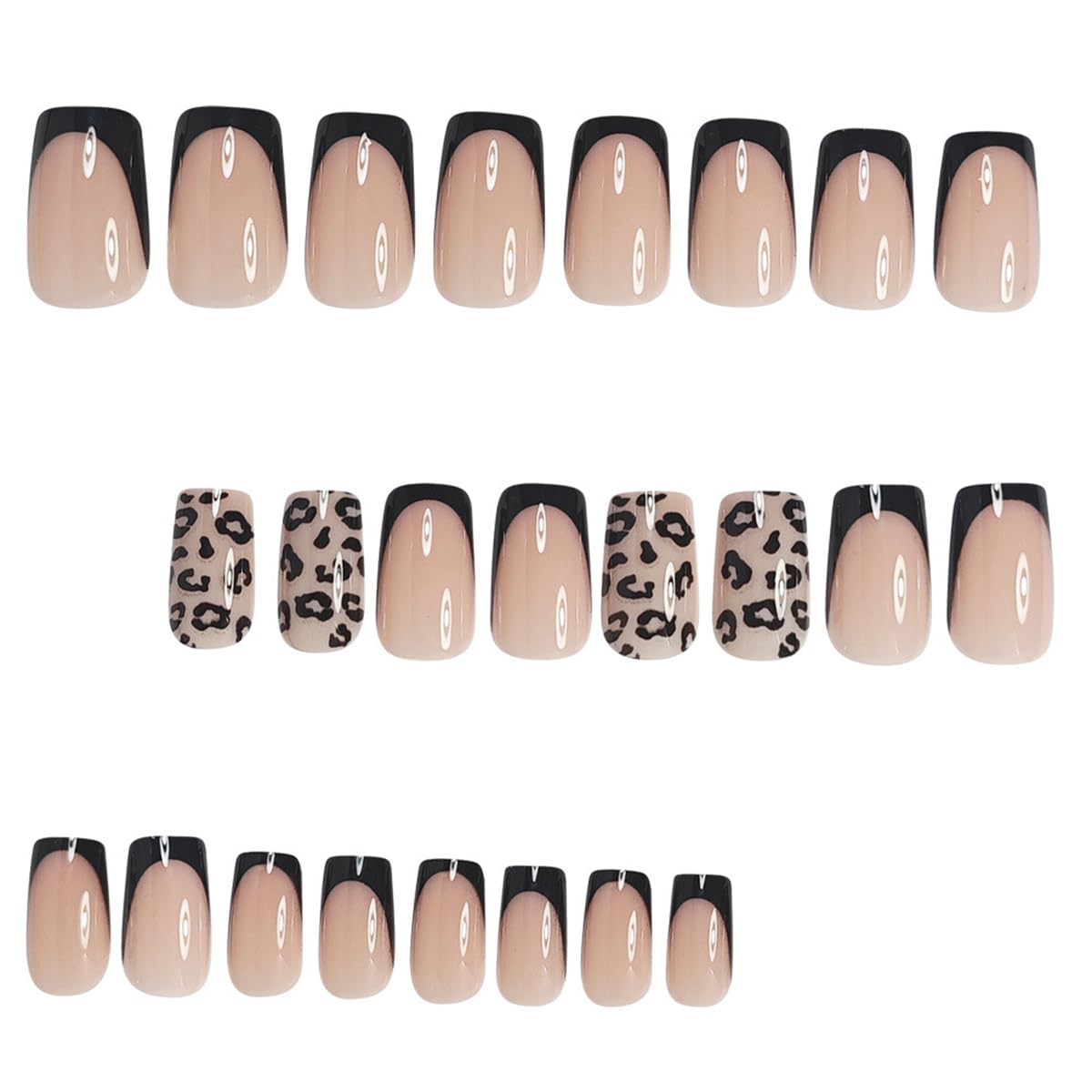 24Pcs Black French Fake Nails QUNQINLI Short Square Press on Nails with Leopard Print Designs Nude Nail Press ons Glossy Full Cover Glue on Nails Reusable Stick on Nail for Women Manicure