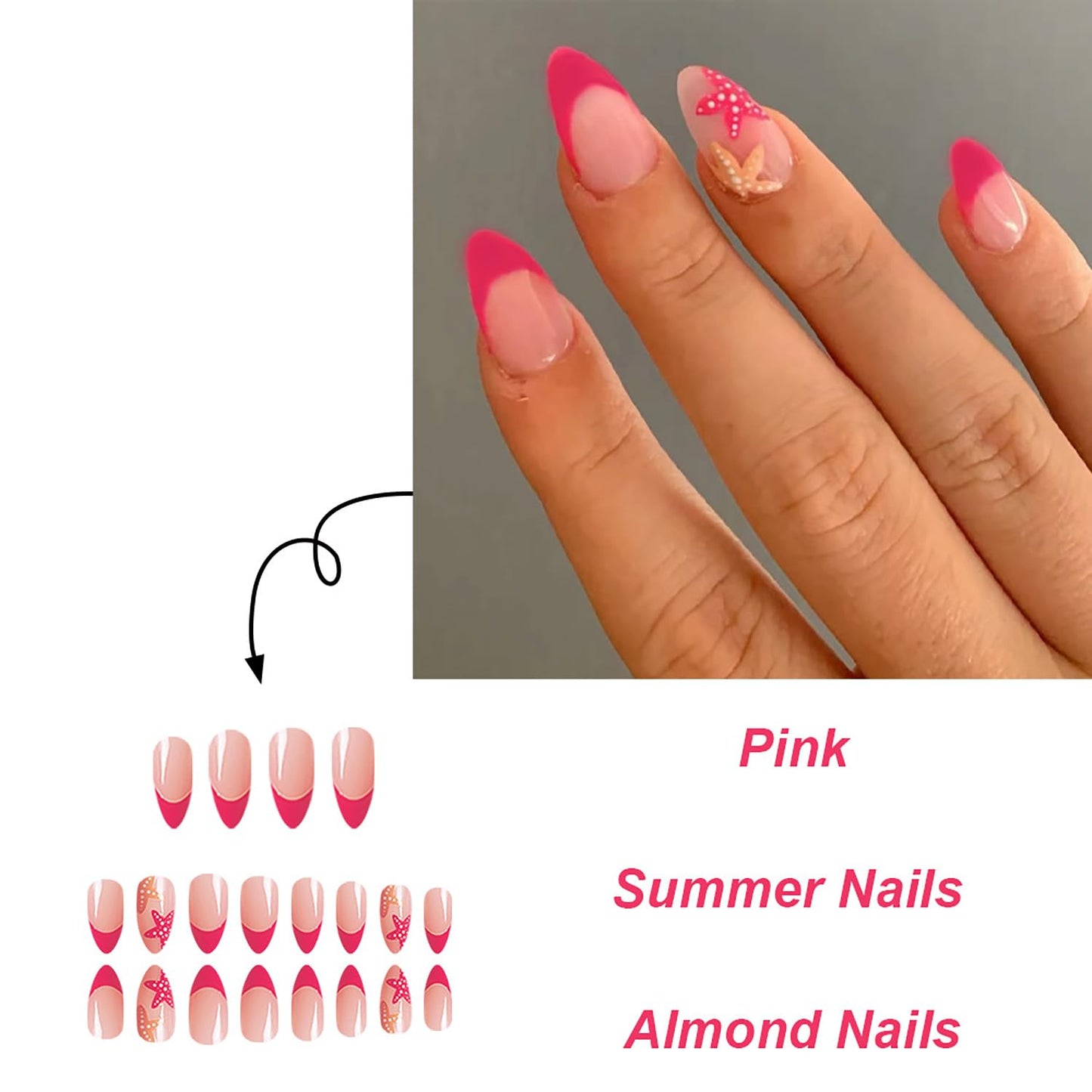 SWEKKE Press On Nails French Tip Fake Nails Starfish False Nails with Designs Pink Full Cover Cute Acrylic Glossy Glue on Summer Handmade Artificial Nails for Women Girls 24Pcs