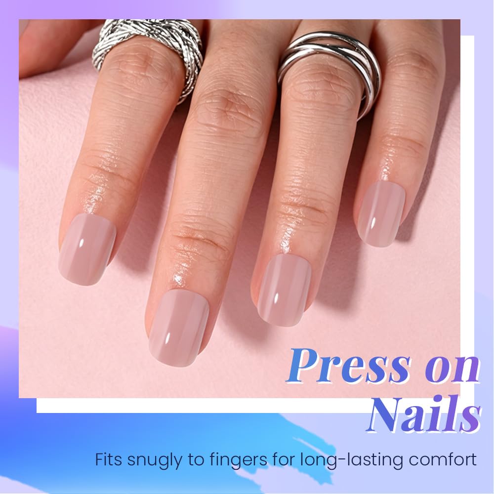 evpct Clay Nude Glossy Squoval Short Press on Nails for Women, Clay Nude Extra Short Squoval No Glue Stick on Nails with Kit, Reusable Full Cover Soft Press on Fake Nail Salon-quality Perfectly Fit