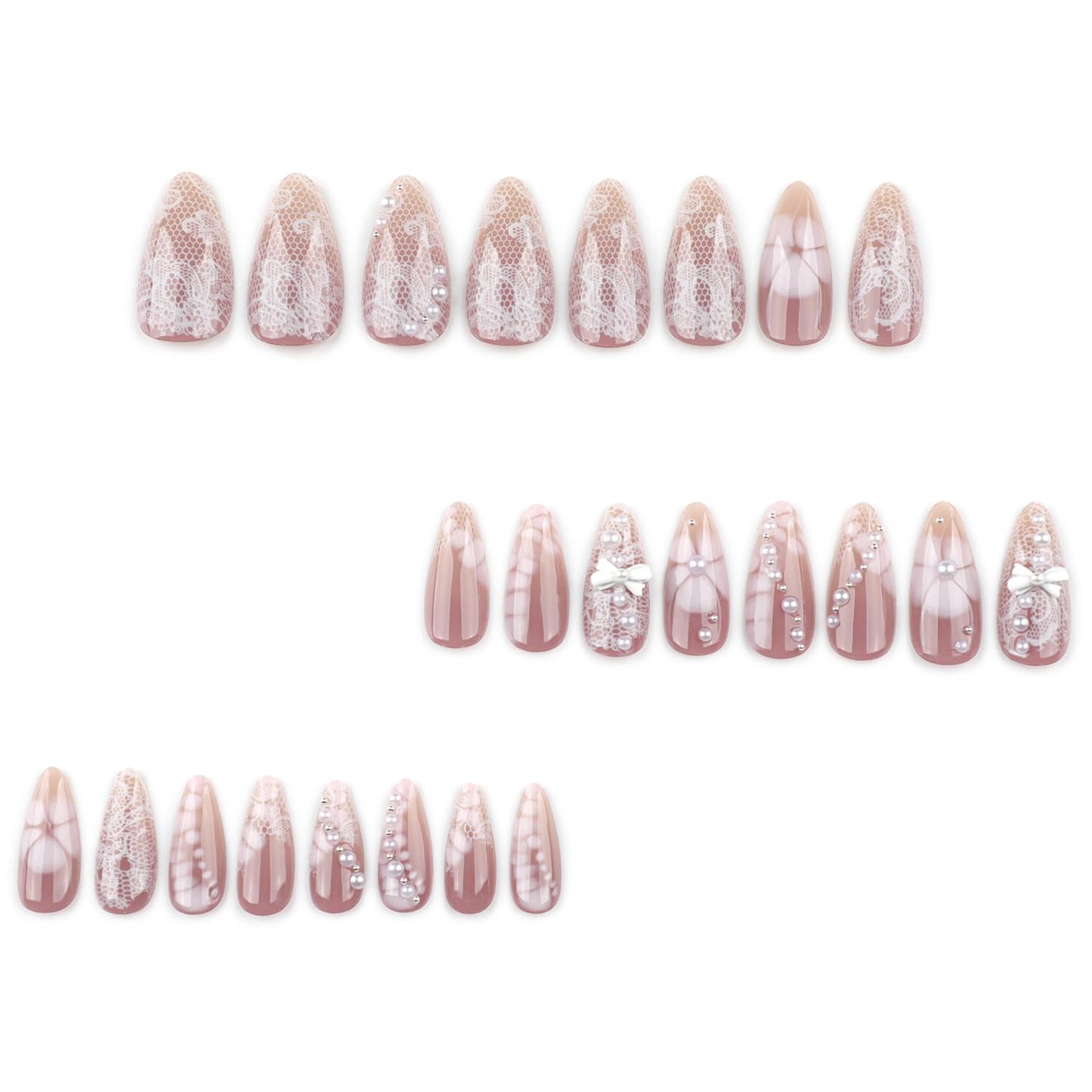 24Pcs Light Pink Press on Nails Almond Medium Fake Nails with White Petals Flower Design 3D Bow Press on Pearl Nails Handmade Full Cover Stick on Nail Almond Shape Acrylic False Nail for Women