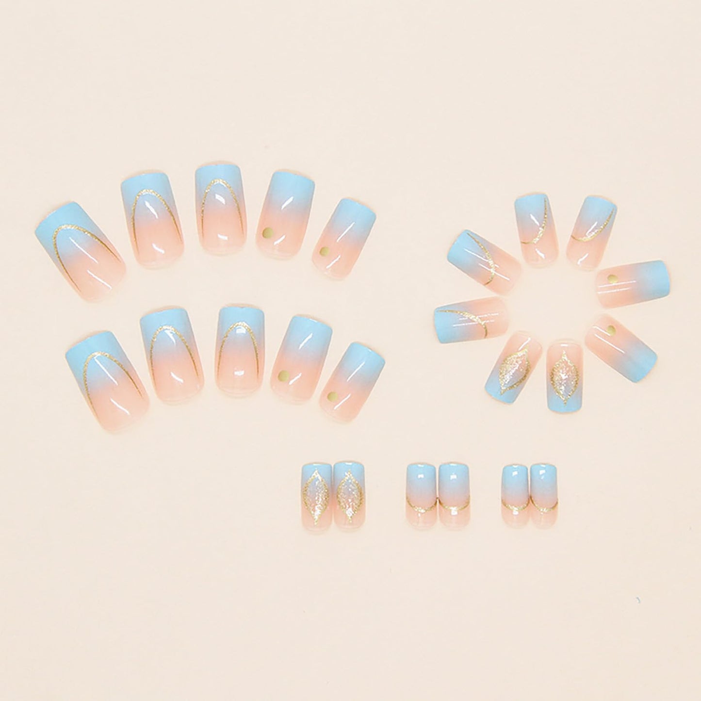RUOKEXIN Medium Length Press on Nails French Tip Fake Nails Blue Ombre False Nails with Glitter Designs Square Glue on Nail Press ons Sparkly Artificial Nails Cute Stick on Nails for Women 24Pcs