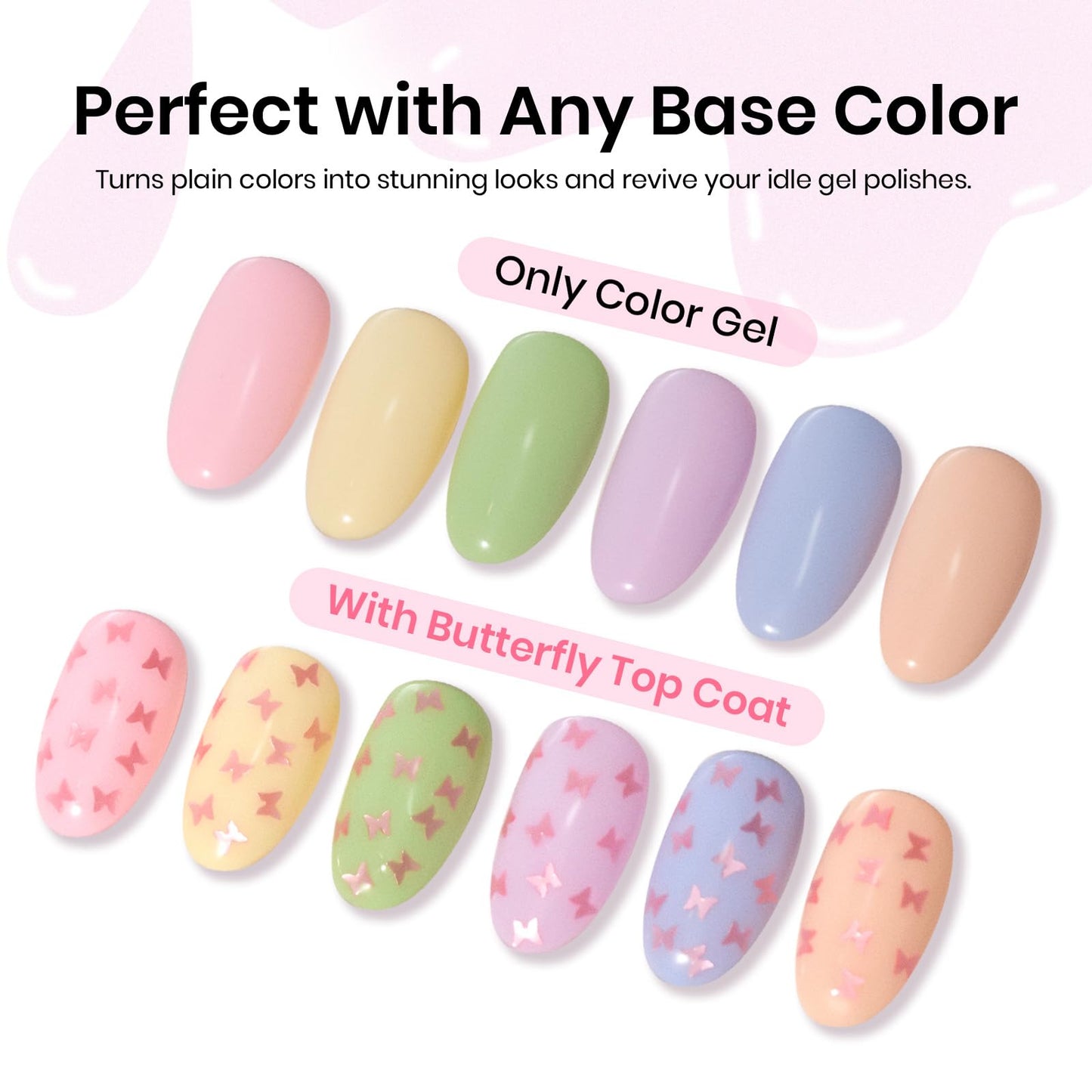 Beetles Butterfly Gel Top Coat 15ml - Floral Sprite Pink Butterfly Glitter Shine No Wipe Top Coat Long-Lasting for Gel Polish Sparkle Soak Off UV LED for Women