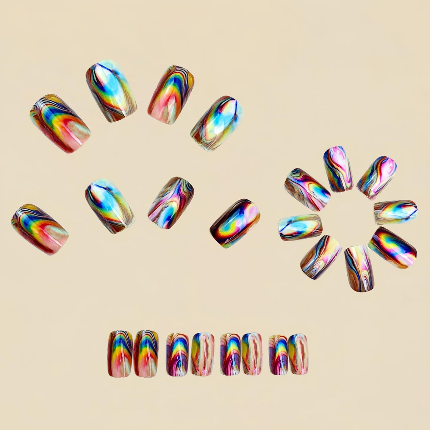 Chrome Press on Nails Medium Square Fake Nails Color Aurora False Nails Press ons with Color Gradient Blending Design Glossy Acrylic Nail Full Cover Reusable Stick on Nails for Women Manicure 24Pcs