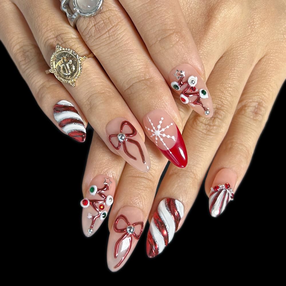 MAGLFELL Press On Nails - Handmade Almond short Nails, Painting French 3D Stars Art Design press ons, Reusable Artificial False Nails for Women 10 Pcs Acrylic Nails Kits (Size M)