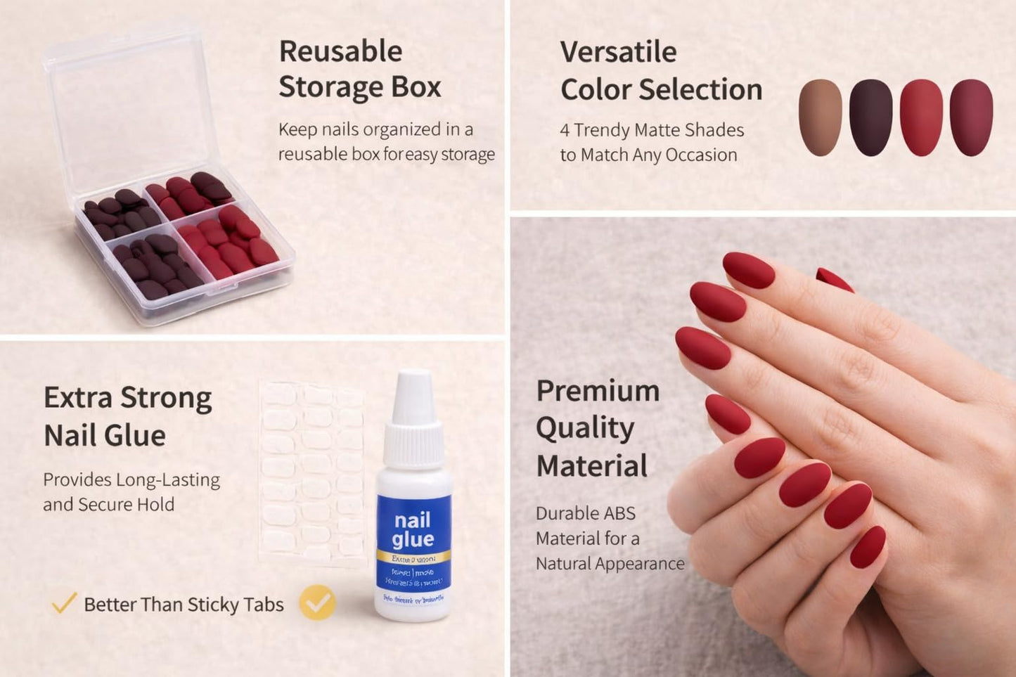Short Almond Press On Nails – Natural Matte Nude Set, Mocha Brown & Burgundy, Clean Girl Look, Extra Strong Glue, Reusable Fake Nails