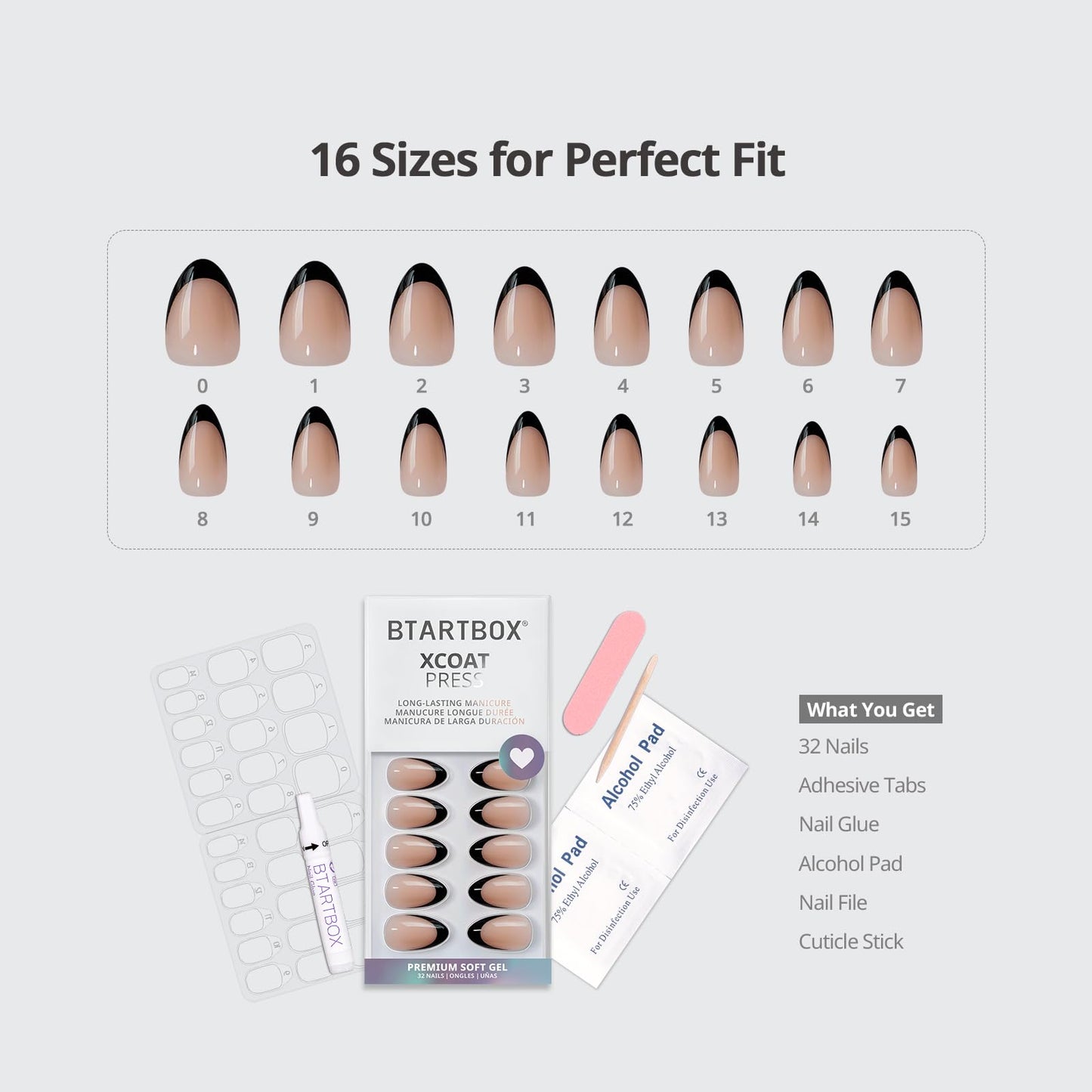 BTArtbox Press On Nails Short - Black French, Almond Press On Nails with Glue and Adhesive Tabs for Women in 16 Sizes - 32 Soft Gel Glue On Nails Kit
