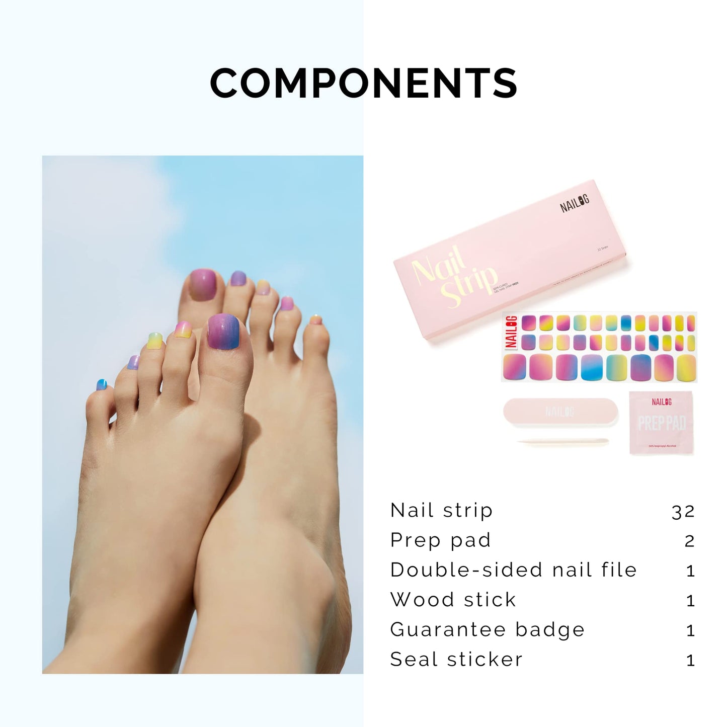 NAILOG Semi Cured Gel Nail Strips, Toe Nail Polish Strips with Glossy Gel Finishing | Buy 3 Get 1 UV Lamp| 32 Pieces Long Lasting Pedi Stickers | Rainbow