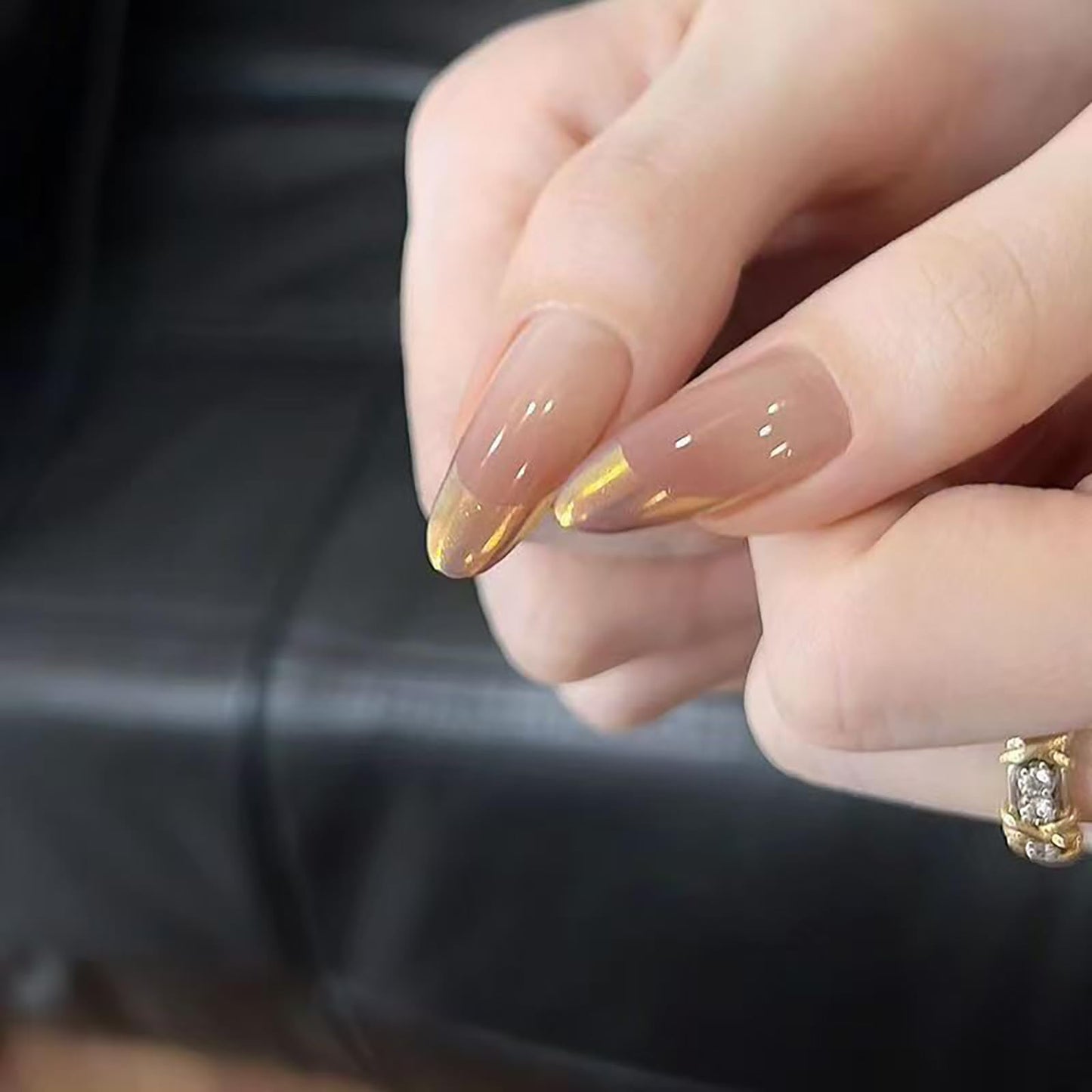 Medium Almond Press on Nails French Tip Gold Nude Pink Fake Nails Nails Press ons Acrylic Nails False Nails Full Cover Artificial Stick on Nails for Women Girls 24 Pcs