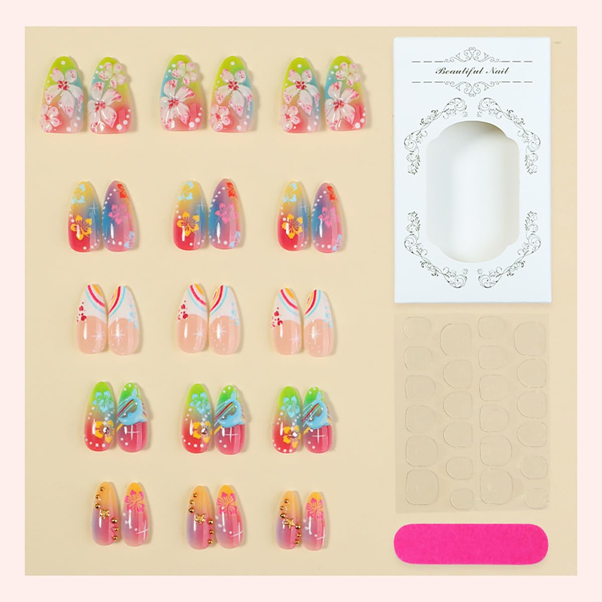 30Pcs Summer Press on Nails Medium Almond Fake Nails 3D Cute Dolphin with Hibiscus Flower Design Gold Starfish Stick on Nails Vacation Beach False Nails Tropical Sunset Theme Glue on Nails for Women