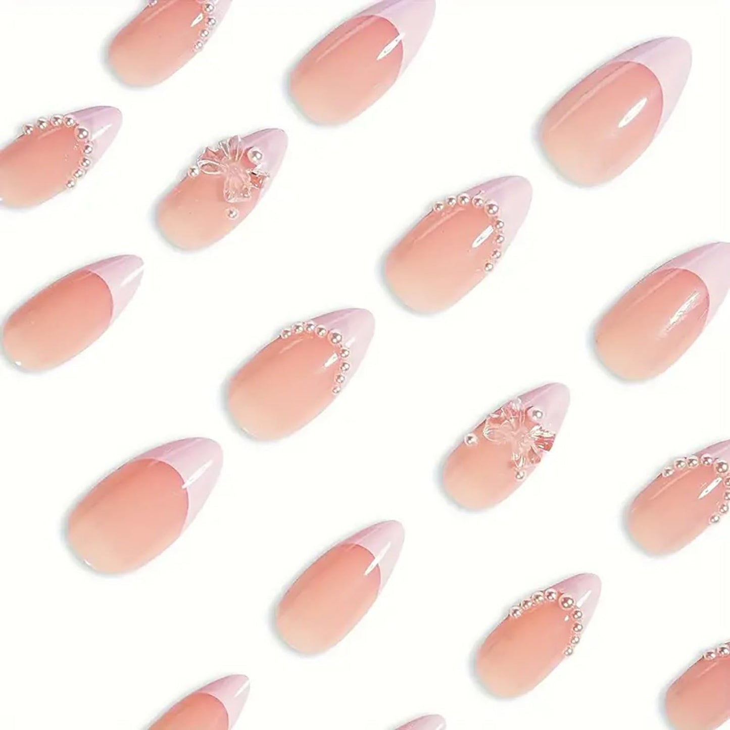24 Pcs Medium Length Press on Nails Almond False Nails Light Pink RIICFDD French Fake Nails Bows and Pearl Nail Charms Artificial Glossy Full Cover Glamorous Stick on Nails for Women Acrylic Nails