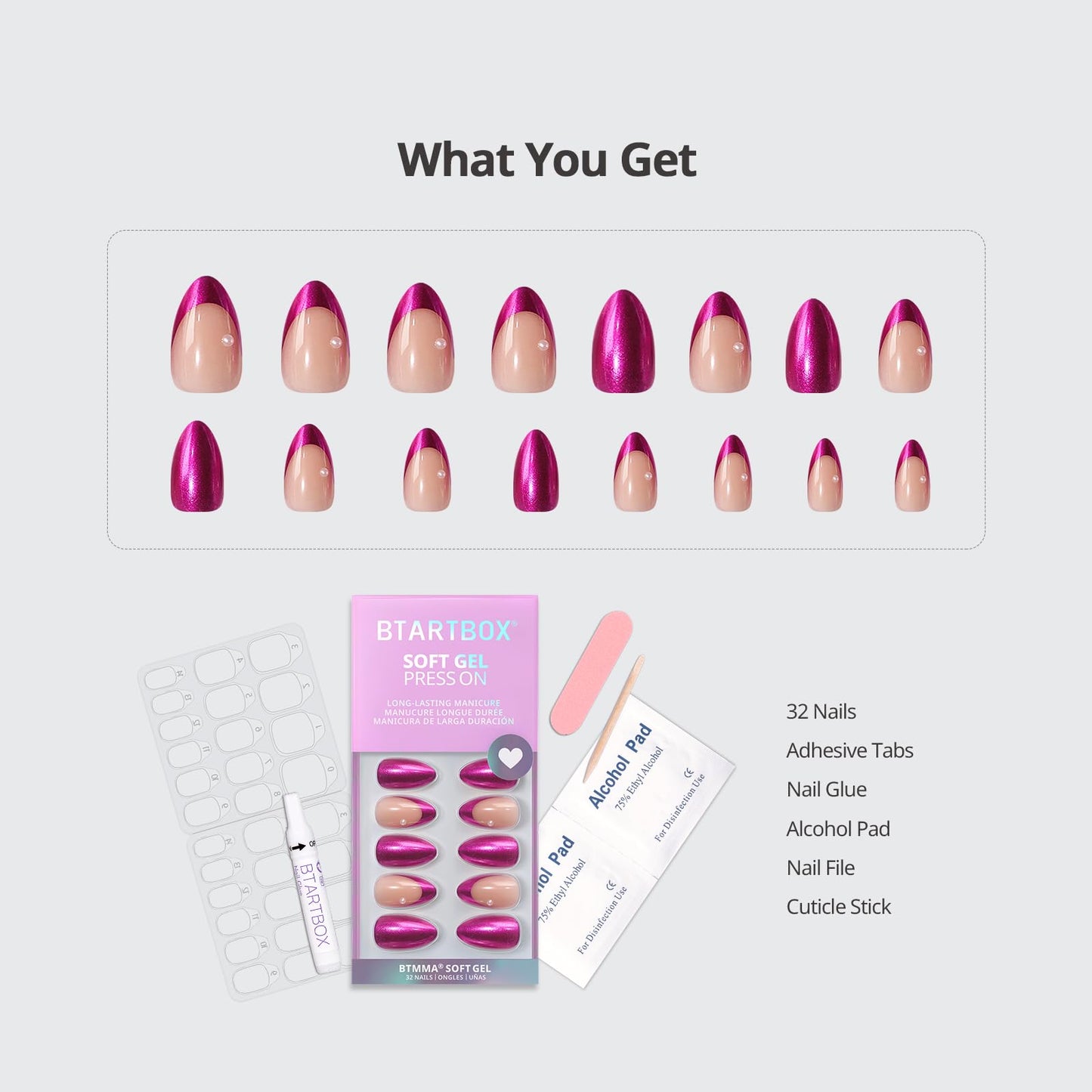 BTArtbox Press On Nails Short - Purple Chrome Almond French Tip Press On Nails with Glue for Women, Opaque Soft Gel Glue On Nails in 16 Sizes - 32 Stick On Nails Kit, Purple Pact