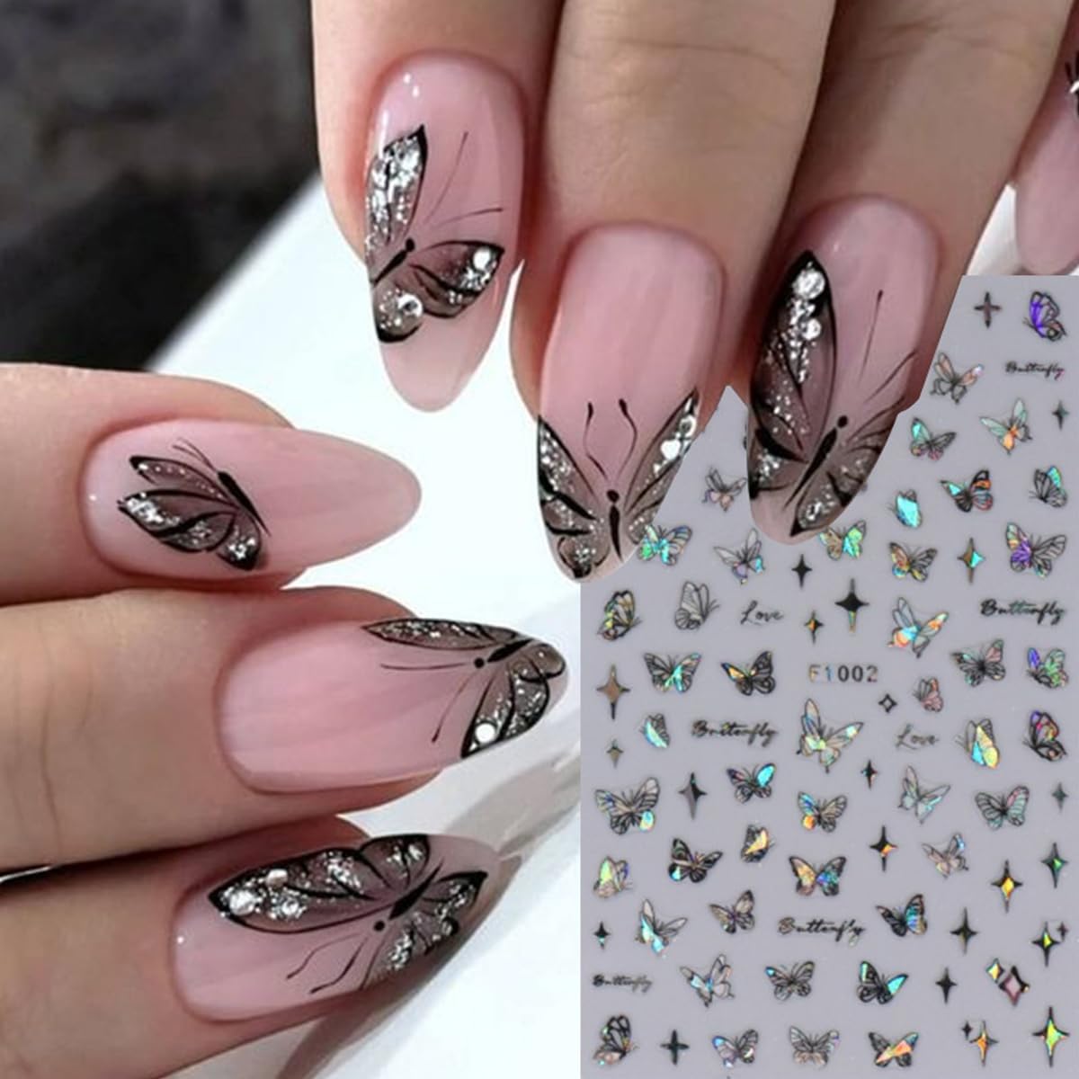 BSBTBZ Butterfly 3D Self-Adhesive Nail Art Stickers, Shiny Glitter Decals for Women Girls, Waterproof, Acrylic, Single Use, Glossy Finish, Home & Salon
