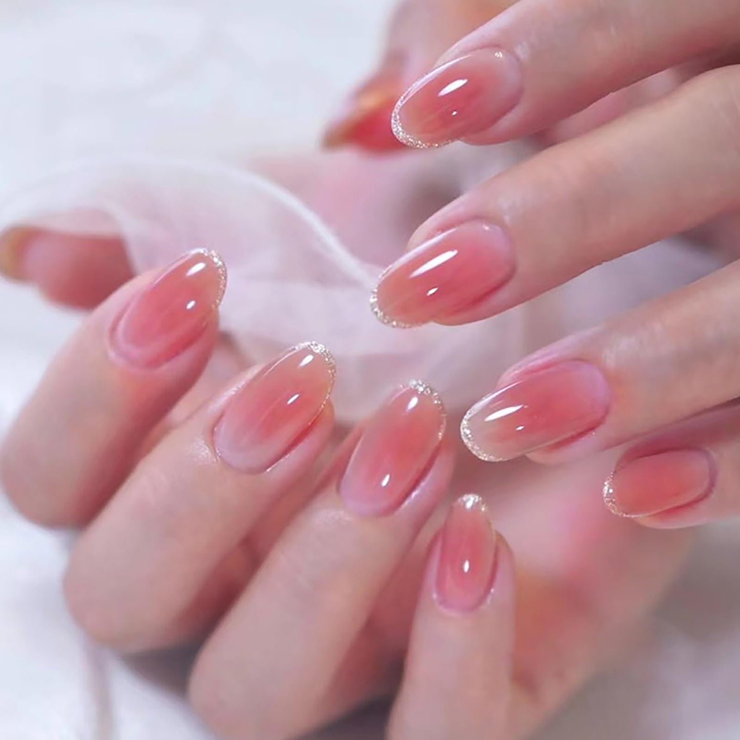 Short Almond Press on Nails with Designs Sliver Glitter Gradient Nude Pink Fake Nails Press ons Acrylic Nails False Glossy Artificial Full Cover Stick on Nails for Women Girls 24 Pcs