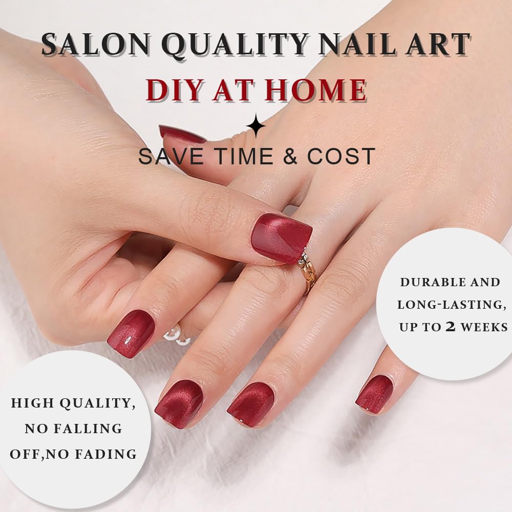 evpct Red Cat Eye Short Square Press on Nails No Glue for Women Gift, Red Short Square Stick on Nails with Cat Eye Design, Metallic Glitter Glossy Soft Fake Nail, Reusable Press on Acrylic Fake Nail