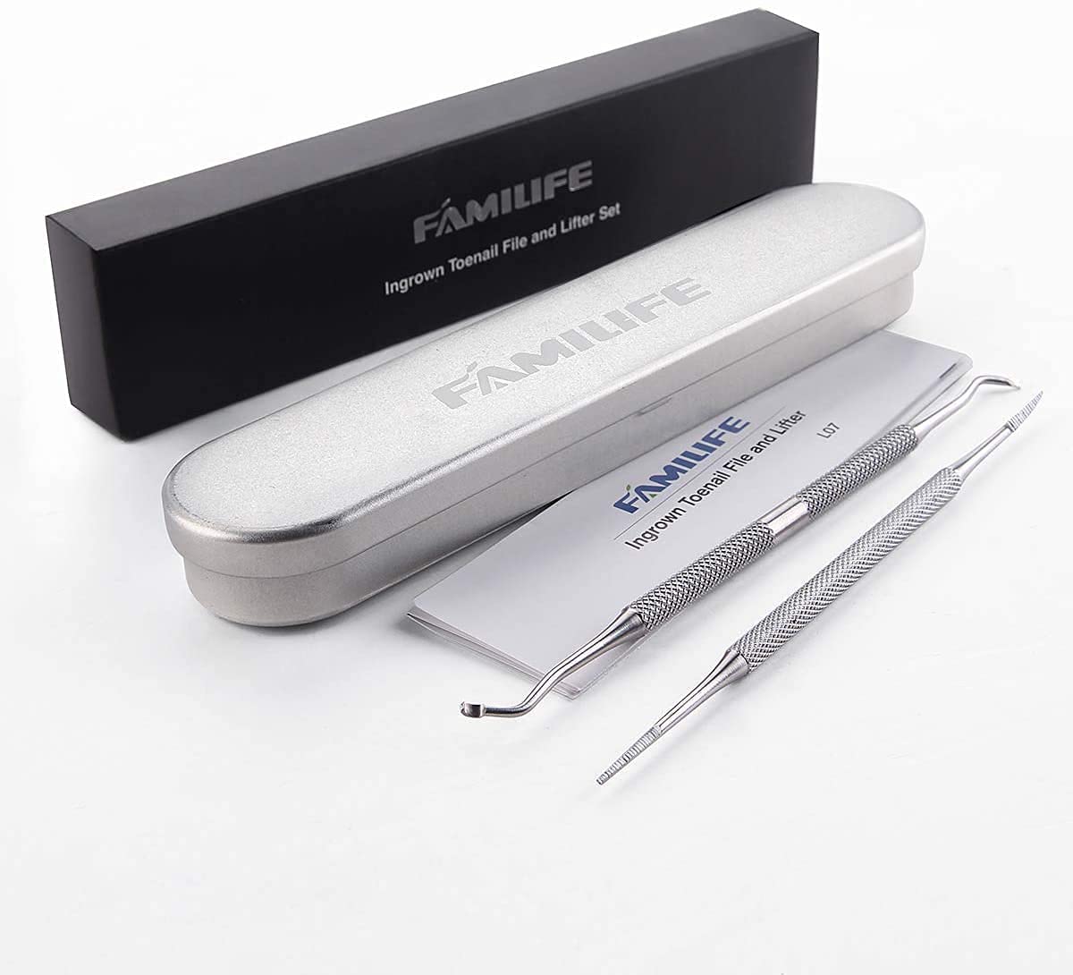 FAMILIFE F03 13pcs Manicure Set and L07 100% Stainless Steel Ingrown Toenail File and Lifter Double Sided with Storage Case (Ingrown Toenail File)