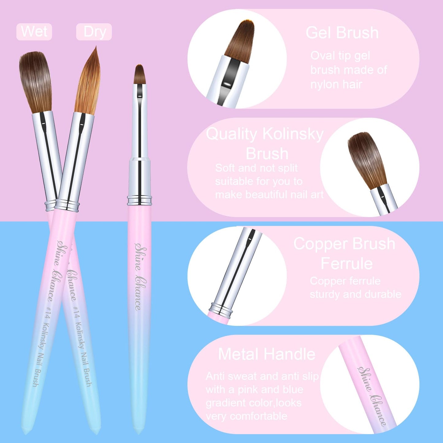 Shine Chance 2Pcs Acrylic Nail Brushes Set, 100% Pure Kolinsky Size 14 Nail Art Brush & Small Clean Up Brush, Art Design & Polish Mistake Cleaning Manicure Tools for Women Acrylic Application