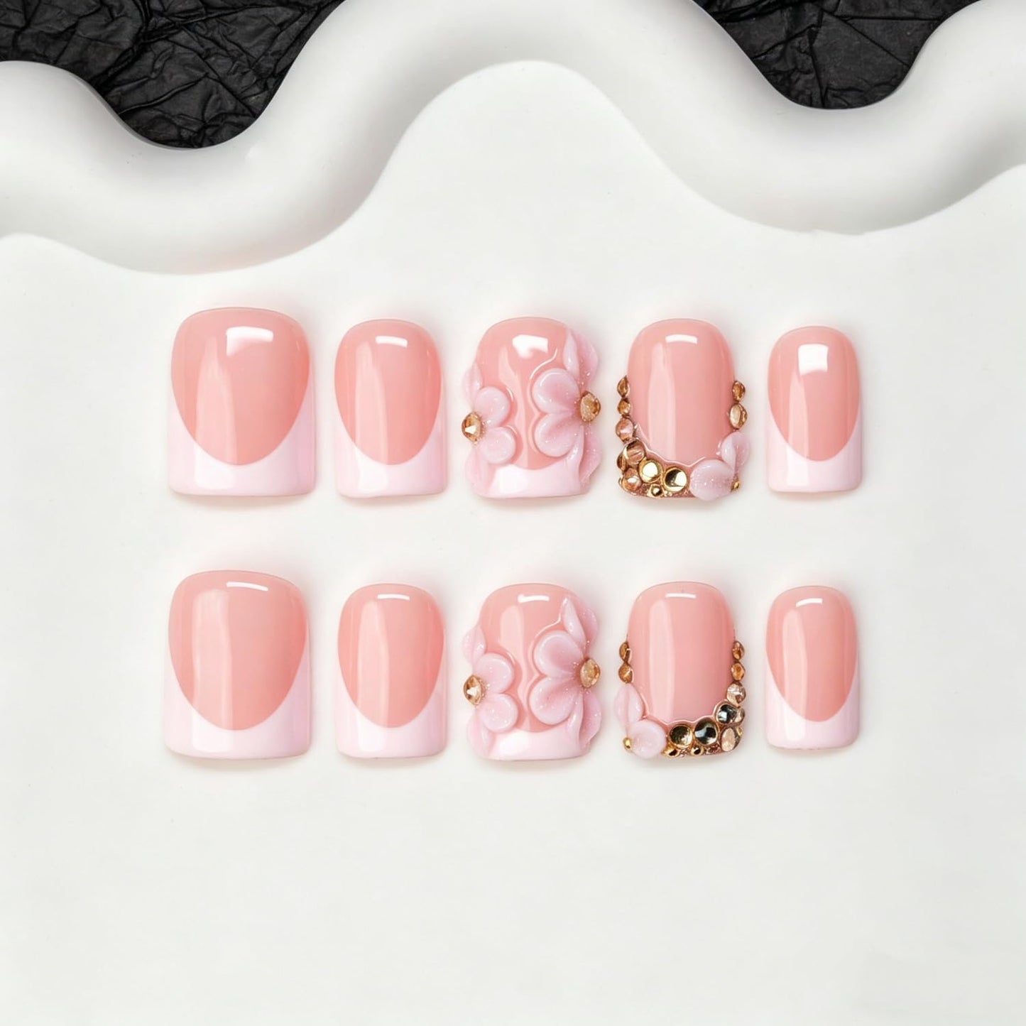 10pcs Press on Nails Flowers Handmade White French Tip Fake Nails with 3D Flower & Gold Rhinestone Designs Short Square Muti-Layer Gel Acrylic Nail Full Cover Thick Stick on Nails for Women (M)