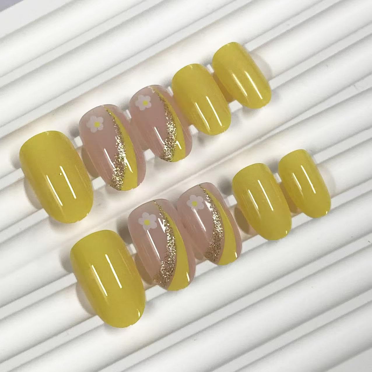 BABALAL Press on Nails Short Oval - Yellow Fake Nails, Flower & Sparkly Glitter Bling Swirl Design, Summer Spring Full Cover Acrylic False Nails for Women Girls