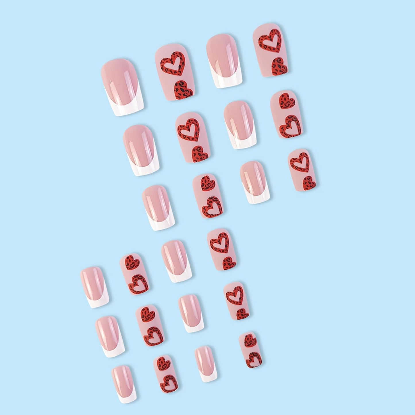 Vezocim 24Pcs Press on Nails Medium Heart Glossy Full Cover Artificial French Tips Fake Nails with Red Heart Designs Acrylic Square False Nails with Glue Coffin Stick on Fingernails for Women Girls