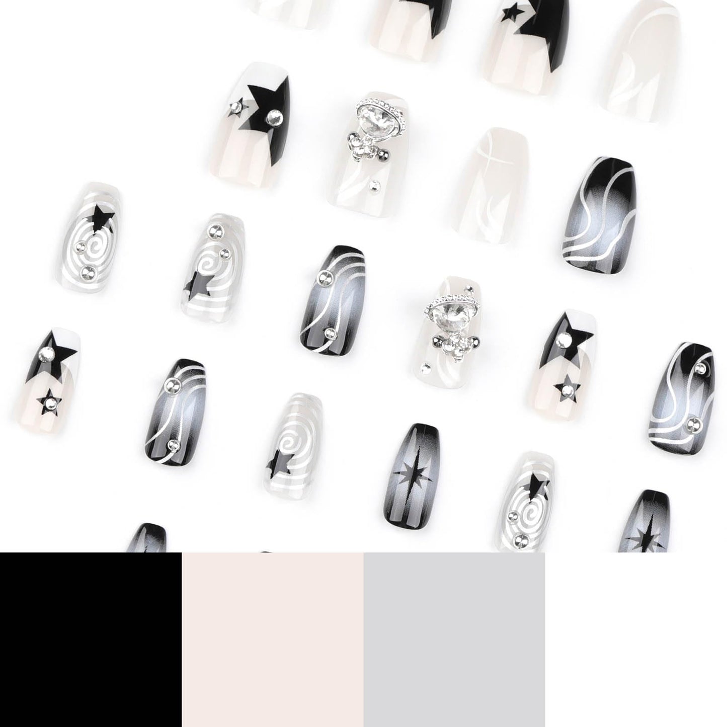 RTKHFZE Press on Nails Medium Coffin Fake Nails Black Gradient Acrylic Press on False Nails with y2k Planet Flash Diamond Artificial Press on Nails with Design Stick on Nails for Women