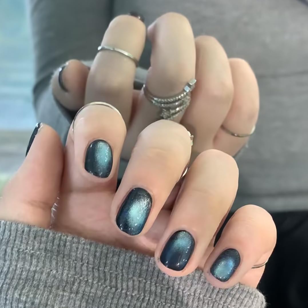 BABALAL Square Press on Nails Short Fake Nails Dark Green Chrome Glue on Nails Cat Eye Acrylic Nails 24Pcs Shiny Squoval Stick on Nails for Women and Girls