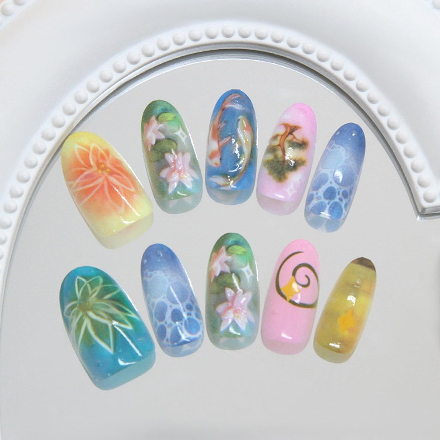 24Pcs Green Press on Nails Medium Almond Fake Nails with Lotus and Lucky Koi Design, Glossy Full Cover Stick on Nails Wearable Spring Summer Ins Fake Nail Tips for Women DIY Manicure Daily Wear