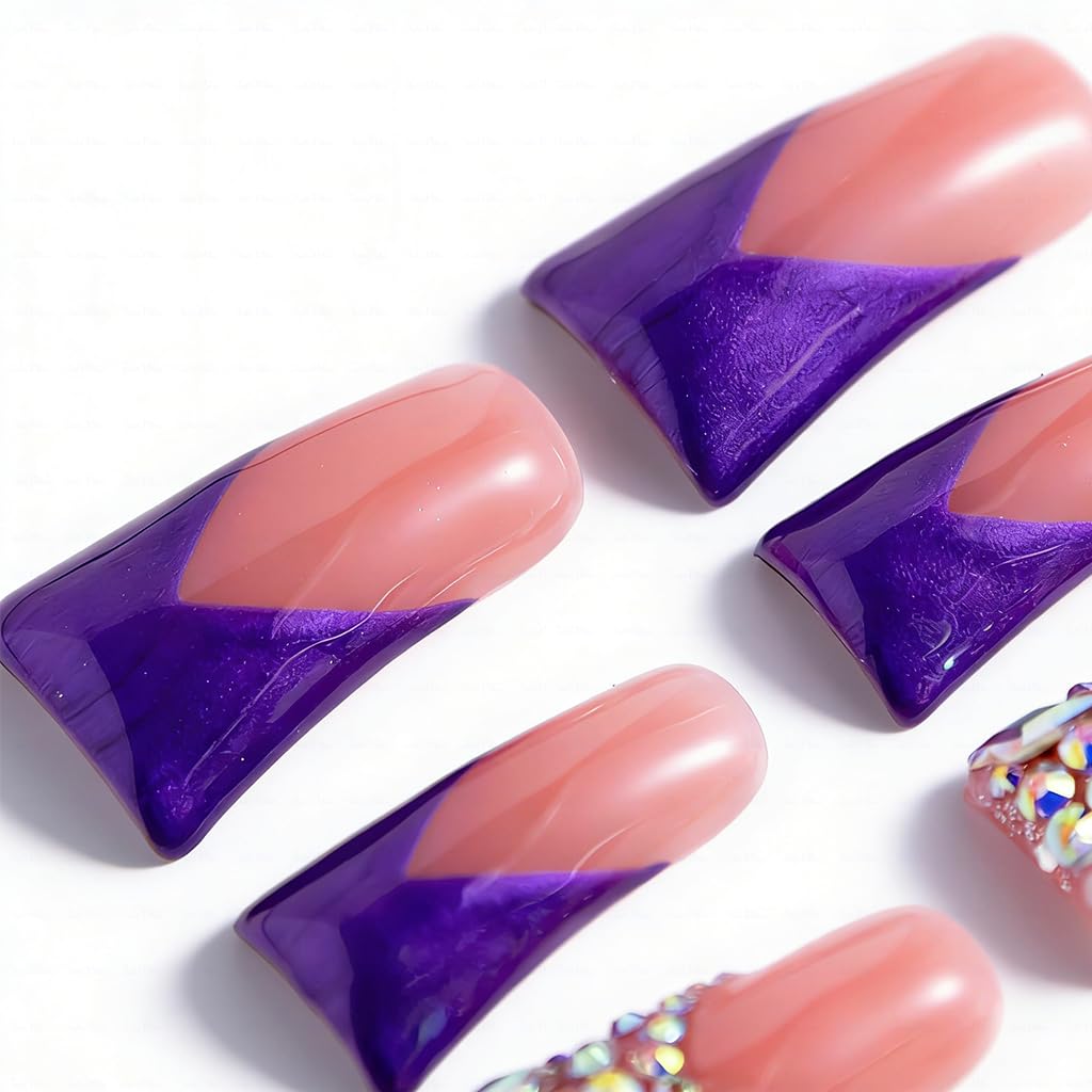 IntoVibes 10 Pieces Handmade Luxury Metallic Electric Purple Shimmer With AB Crystal Shine Long Press On Nails With Bling Rhinestones And Y2K Princess Vibes, Reusable Acrylic Nails (M)