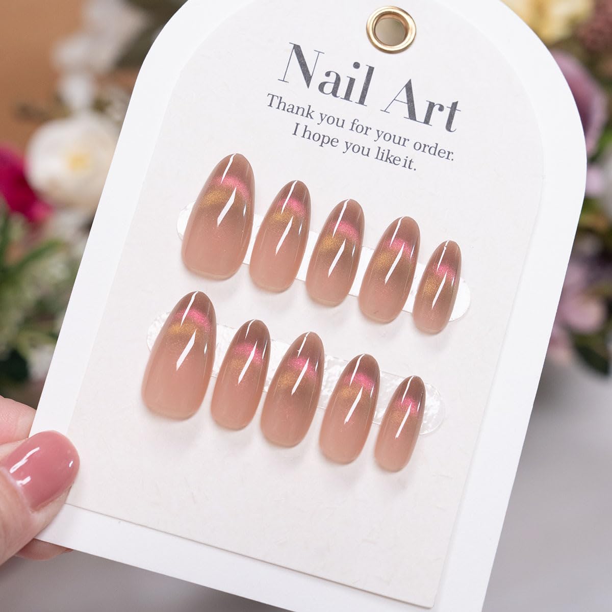 XZMeiLun Cat Eye Nude Smile Press On Nails Medium Almond, Designer Reusable Acrylic Fake Nails with Glue, Glossy Soft Gel Nails Wedding and Party, Stick On Glue On Nails, Nails Press Ons for Women