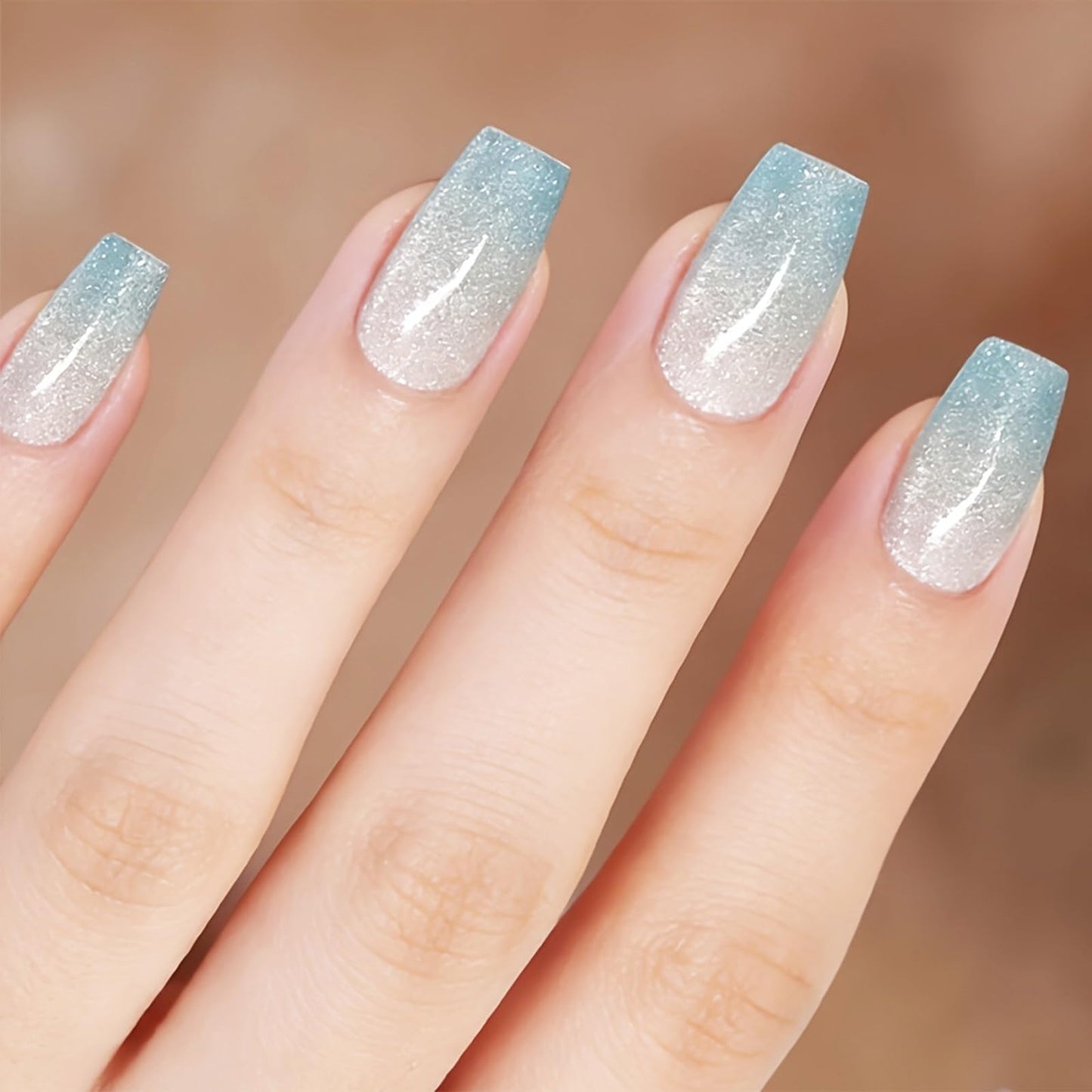 Sparkle Blue Press on Nails Blue Glitter Ombre Fake Nails Glossy Silver Sparkly False Nail Medium Coffin Reusable French Tips Stick on Artificial Fingernails for Women Elegant Style