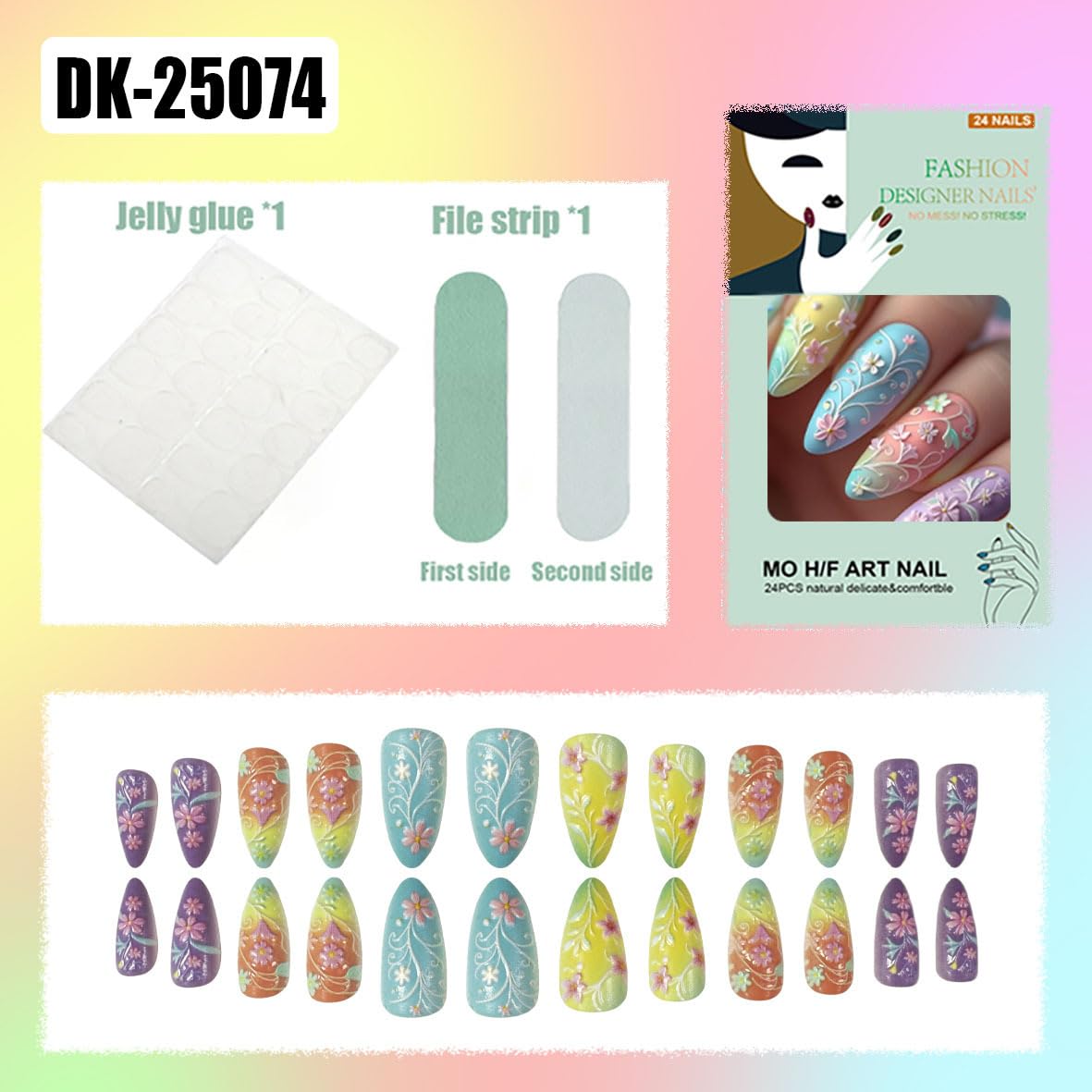 24Pcs Medium Almond Fake Nails Floral Macaron Press on Nails with Colorful Flowers Designs Spring Summer Nails Glue on Acrylic False Nail Full Cover Glossy Stick on Nail for Women Manicure Kit