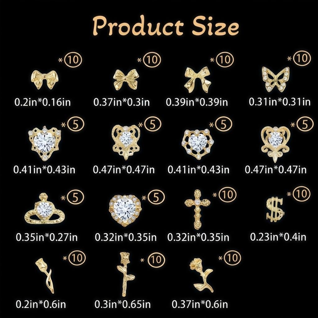 Pizadix 120Pcs Luxury Gold Nail Art Charms, 3D Heart Butterfly Bow Rhinestones Jewelry for Nails, Y2K Kawaii Designer Supplies Accessory