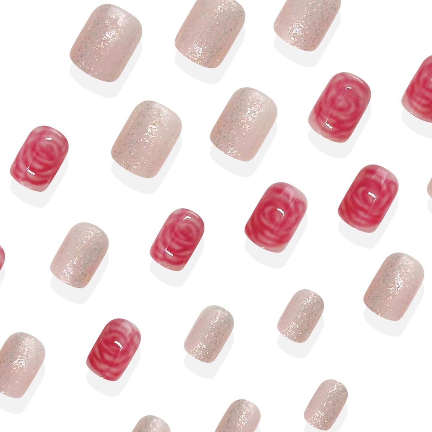 24Pcs Valentines Press on Nails Short Square Fake Nails Red Rose Flower False Nails Cute Floral Acrylic Glue on Nails Glitter Full Cover Nude Glossy Artificial Stick on Nail for Women Manicure Decor