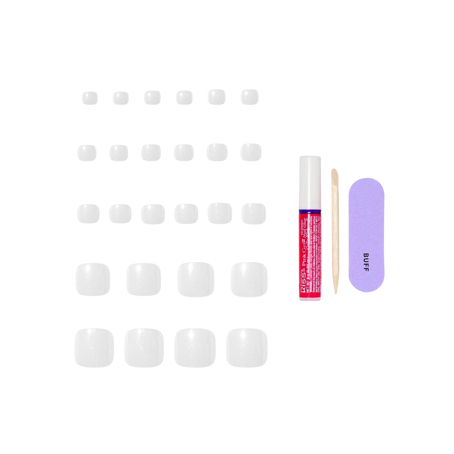 Kiss Glam, Press On Nails, Nail glue included, 'Twinkle Toes', White, Short Size, Squoval Shape, Includes 26 Toenails, 2g Glue, 1 Manicure Stick, 1 Mini File
