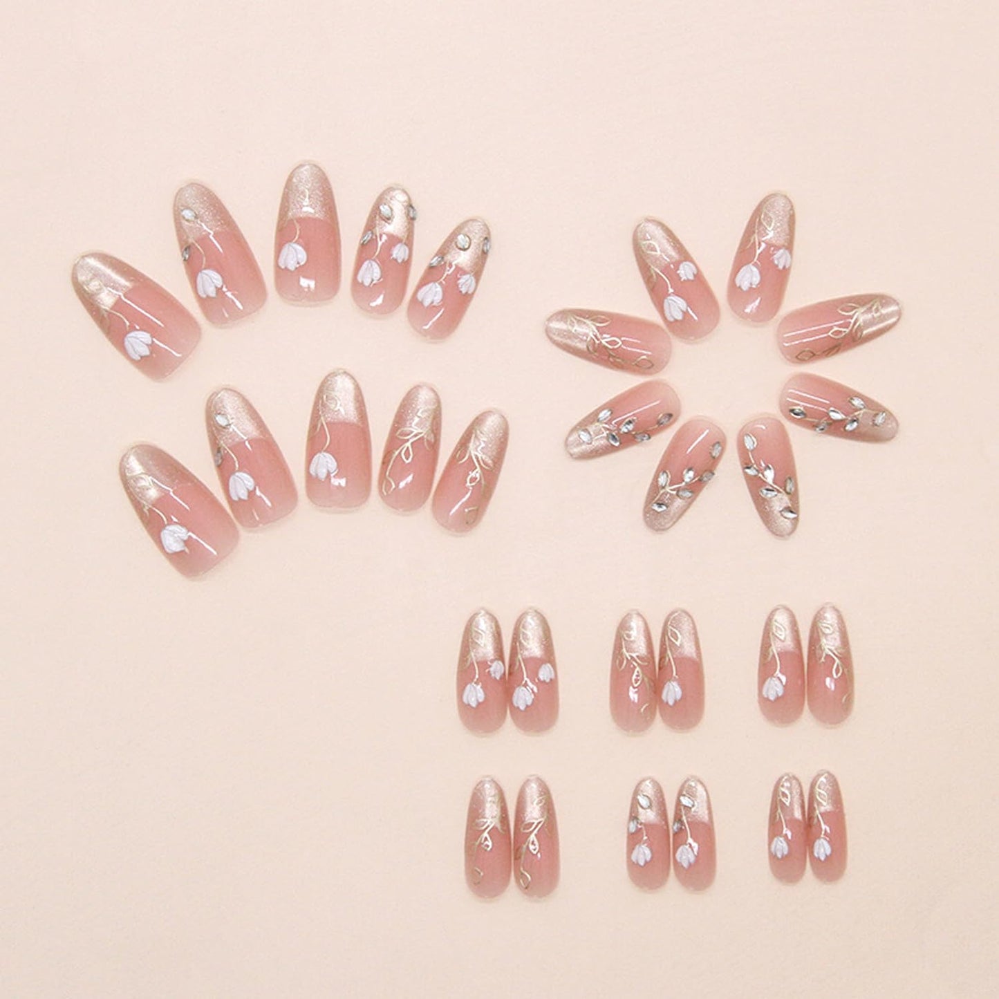 30Pcs Flower Press on Nails Medium Almond Fake Nails with 3D Rhinestone Design Gold Glitter French Tip False Nails Pink Glossy Full Cover Cute Floral Reusable Spring Summer Gel Acrylic Nails for Women