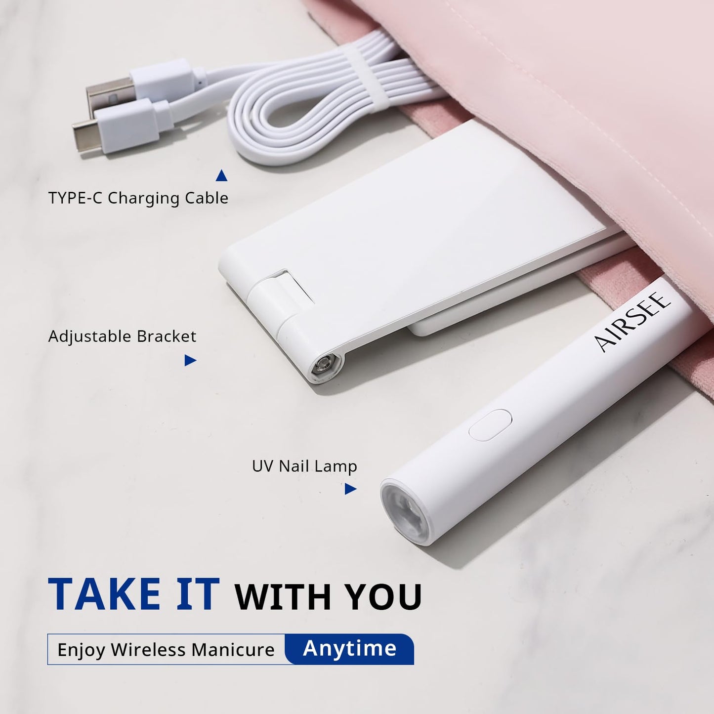 AIRSEE Mini Handheld UV Light for Gel Nails with Stand,Portable Rechargeable Nail Lamps,2 Timers for Fast Extension,Rhinestone Glue Decoration,Gel Nail Strips at Home,Travel(White)