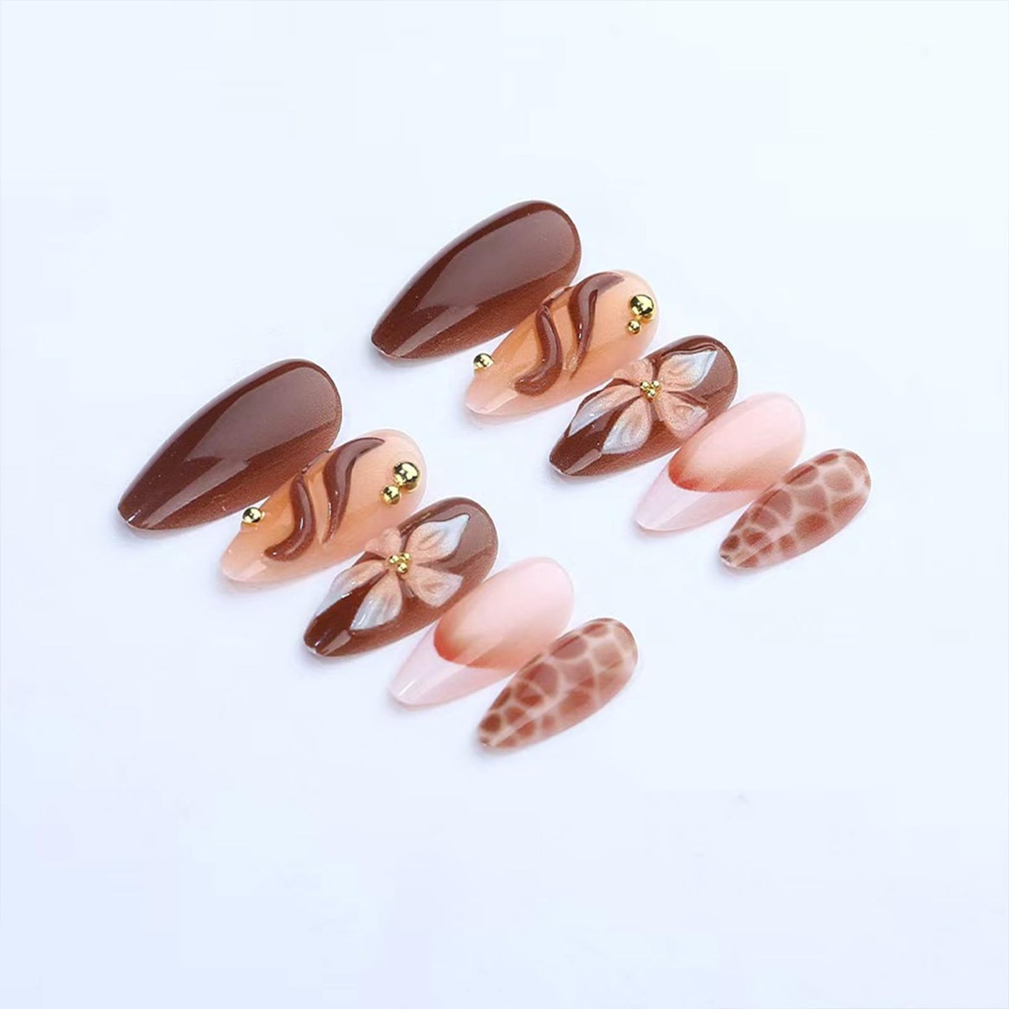 SINHOT Press on Nails - Medium Almond Fake Nails, Glossy Finish, 3D Flower & Brown Swirl, DIY Artificial False Nail Art - 24 Pcs Nail Kit with Glue