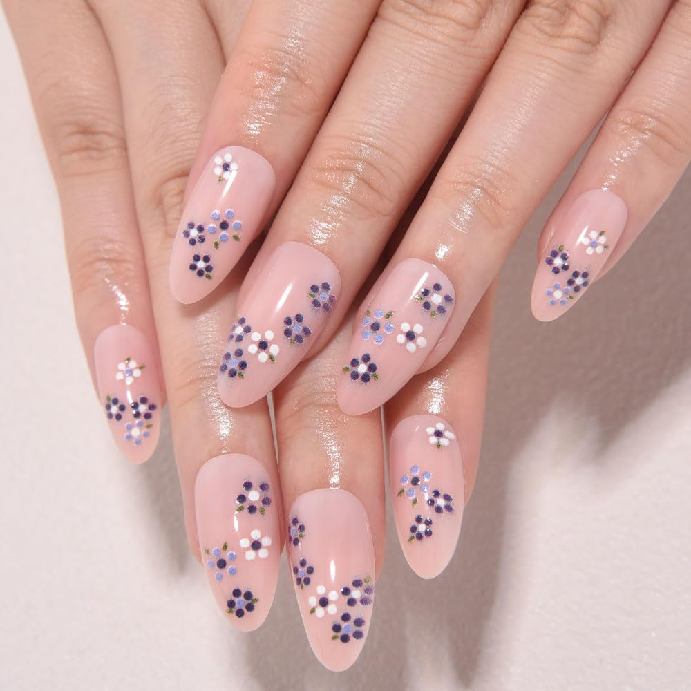 XZMeiLun Spring Summer Purple White Floral Press On Nails Medium Almond Fake Nails, Salon Quality Reusable Acrylic Nails for Women & Girls, DIY Nail Art Gift Kit - 30 PCS 15 Sizes
